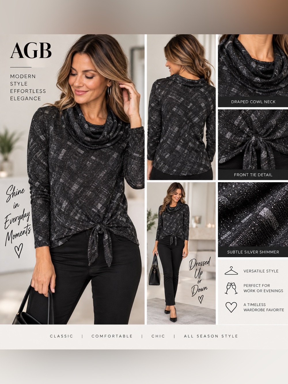 AGB NWT Black Silver Shimmer Cowl Neck Tie Front Top Medium